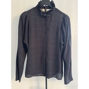 Vtg Sophisticates Y2K Sheer Plaid Ruffle‎ Neck Blouse Womens L Button Front